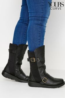 Yours Curve Black Extra-Wide Fit Low Wedge Buckle Boots (N53835) | ₪ 226