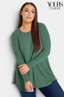 Yours Curve Green Long Sleeve Ribbed Swing T-Shirt (N53857) | 56 zł