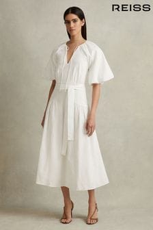 Reiss White Alice Petite Lyocell Blend Puff Sleeve Midi Dress (N53950) | kr4,884