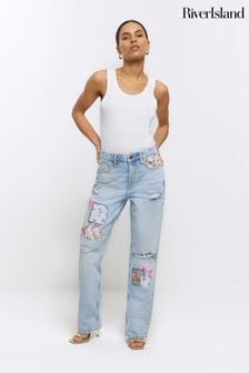 River Island Blue Petite High Rise Straight Leg Non Stretch Patchwork Jeans (N54041) | AED396