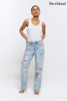 River Island High Rise Straight Leg Non Stretch Patchwork Jeans
