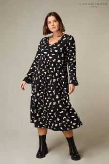 Черное трикотажное платье миди с расклешенными рукавами и принтом Live Unlimited Curve (N54542) | €78