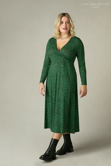 Live Unlimited Green Curve Spot Print Jersey Wrap Dress (N54554) | $130
