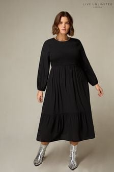 Live Unlimited Curve Shirred Front Midi Black Dress (N54569) | kr1 450