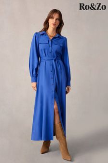 Ro&Zo Blue Pocket Detail Midi Shirt Dress