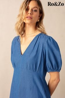 Ro&zo Blue Shirred Shoulder Midi Dress (N54598) | 531 LEI
