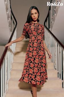 Ro&Zo Black Red Rose Print Ruched Front Midi Dress (N54599) | $170