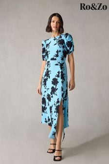 Ro&Zo Blue Petite Luna Shadow Floral Print Midi Dress (N54614) | 638 QAR