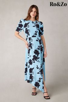 Ro&Zo Blue Luna Shadow Floral Print Midi Dress