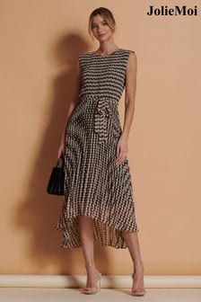 Jolie Moi Brown Pleated Chiffon High Low Maxi Dress (N54980) | AED360