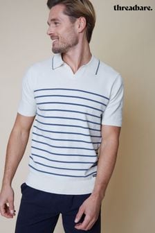 Threadbare White & Blue Stripe Cotton Mix Trophy Neck Short Sleeve Knitted Polo Shirt (N55013) | AED133