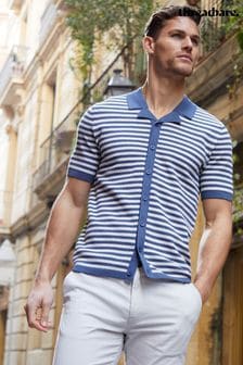 Threadbare Blue & White Cotton Mix Revere Collar Short Sleeve Textured Knitted Shirt (N55016) | $38