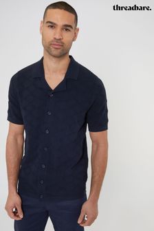 Threadbare Blue Cotton Mix Revere Collar Short Sleeve Textured Knitted Shirt (N55029) | $53