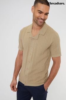Threadbare Brown Cotton Mix Revere Collar Short Sleeve Textured Knitted Shirt (N55032) | 119 QAR