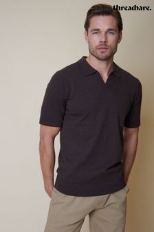 Threadbare Dark Brown Cotton Mix Trophy Neck Short Sleeve Knitted Polo Shirt (N55033) | AED122