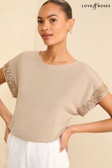 Love & Roses Camel Sequin Cuff Jersey Top (N55161) | €33