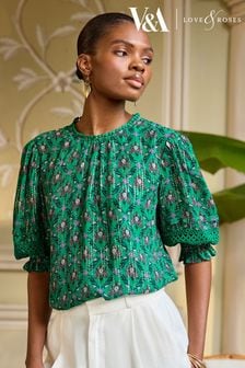 V&A | Love & Roses Green Floral Printed Metallic Shirred Cufff Lace Trim Blouse (N55162) | €46