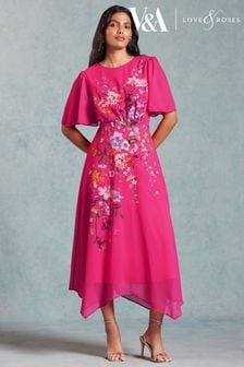 V&A | Love & Roses Pink Placement Print Flutter Sleeve Midi (N55669) | 472 SAR