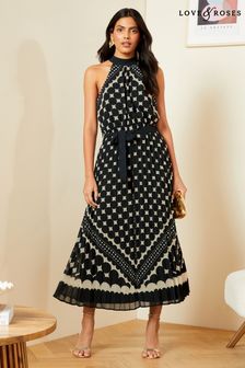 Love & Roses Black/White Polka Dot Pleated Halterneck Maxi Dress (N55672) | €100