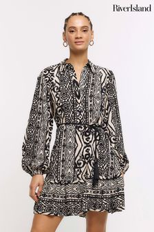 River Island Black Printed Godet Shirt Dress (N55809) | $99