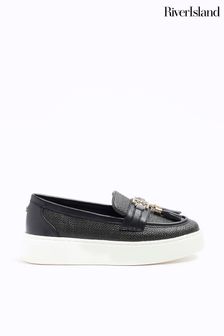 River Island Black Embossed Raffia Platform Loafers (N55823) | €44