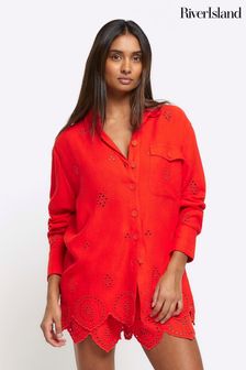 River Island Red Broderie Linen Shirt (N55835) | AED198