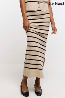 River Island Beige Stripe Knitted Maxi Skirt (N55836) | kr389
