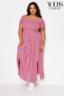 Yours Curve Pink Ditsy Floral Print Shirred Bardot Maxi Dress (N56200) | OMR18