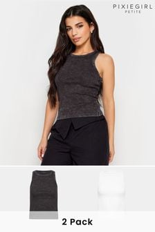 PixieGirl Petite Black/White Acid Wash And Black Plain Vest Tops 2 Pack (N56204) | KRW53,400