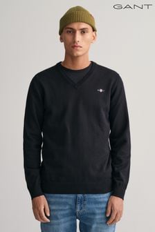 Negro - Suéter negro con cuello de pico de algodón clásico Gant (N56244) | 141 €