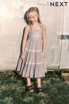 Charcoal Grey Stripe Embroidered Maxi Dress (3-16yrs) (N56336) | €35 - €44