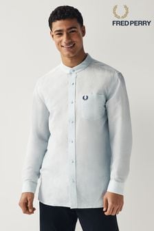 Fred Perry Blue Linen Blend Grandad Collar Long Sleeve Shirt (N56533) | €161