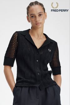 Fred Perry Open Knit Button Through Black Shirt