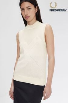Fred Perry Ecru White Ponitelle Detail Knitted Vest