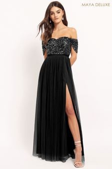Maya Black Bardot Delicate Sequin Tulle Maxi Dress with Split (N56571) | 51,090 Ft