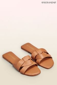 Sosandar Brown Cross Strap Flat Leather Mule Sandals (N56759) | MYR 234