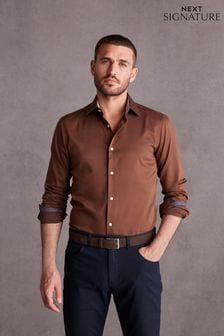 Rust Brown Slim Fit Single Cuff Signature Trimmed Shirt (N56794) | AED175