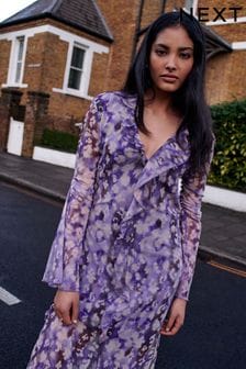 Lila vijolična - Dolga mrežasta obleka z dolgimi rokavi in naborki (N57041) | €22