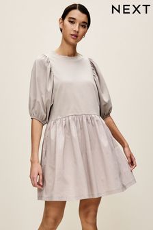 Szary - Dżersejowa sukienka mini z bufiastymi rękawami (N57042) | 150 zł