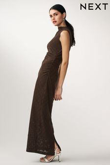 Brown Diamond Textured Sleeveless Ruched Maxi Dress (N57045) | €58