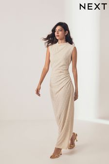 Ecru White Diamond Textured Sleeveless Ruched Maxi Dress (N57046) | €58