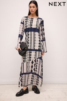 Navy and White Geo Print Long Sleeve Column Maxi Dress (N57048) | AED208