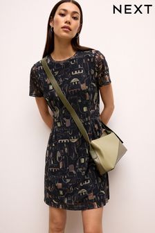 Navy Linear Print Mesh Corset Detail Mini Dress (N57050) | 21 €
