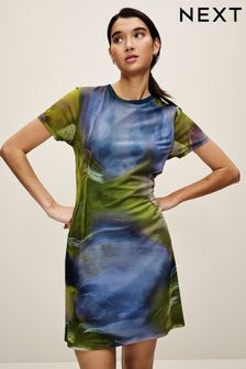 Синьо-зелений друк розмиття - Міні-сукня з сітчастими корсетними деталями (N57051) | 942 ₴