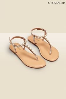 Sosandar Gold Rhinestone Trim Toe Post Leather Flat Sandals (N57287) | ￥7,930