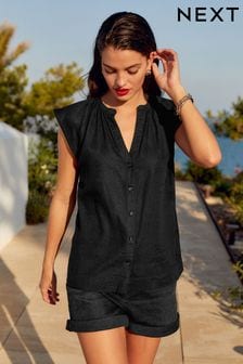 Black Linen Blend Button Down Relaxed Sleeve Top (N57333) | SGD 30