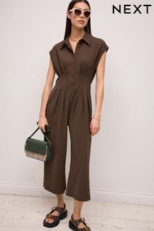 Chocolate Brown Corset Detail Short Sleeve Jumpsuit (N57394) | OMR22