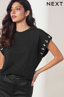 Schwarz - Glitzerndes T-Shirt mit perlenbestickten Ärmeln (N57446) | 47 €