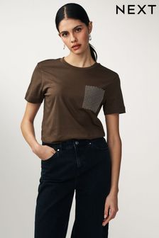 Brown Short Sleeve Embellished Pocket T-Shirt (N57450) | $39