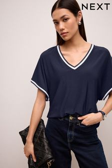 Marineblau - T-Shirt mit V-Ausschnitt und Rippstrick (N57459) | 49 €